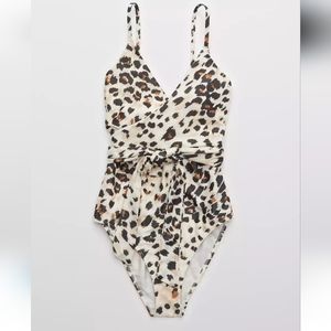 NEW Aerie Leopard Animal Print Wrap One Piece Swimsuit Size Small Long